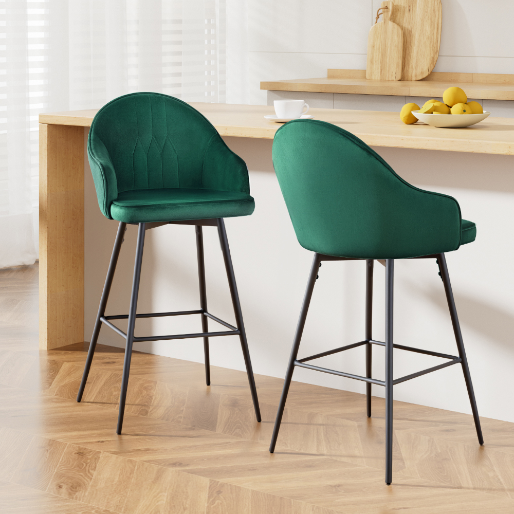 BA-K-9969-GNX2-52851-07 Artiss 2x Bar Stools Velvet Swivel Metal Legs Green - Image 1