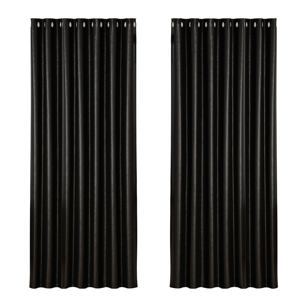 BC-SHINE-240X230-BK-00 Artiss 2X Blockout Curtains Eyelet 240x230cm Black Shine - Image 1
