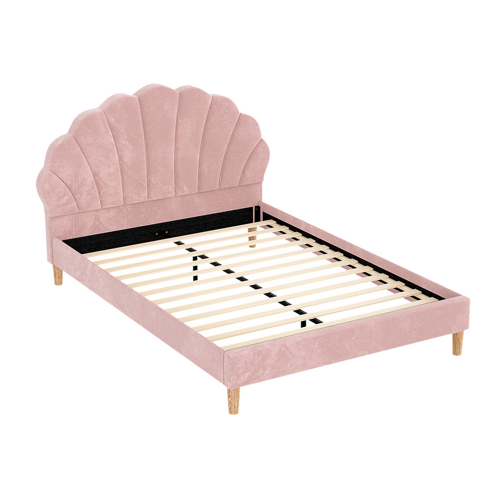 BFRAME-G-ROSY-D-PK-ABC-202505011200-00 Artiss Bed Frame Double Size Scallop-Shape Bedhead Beds Base Pink Velvet Fabric - Image 1