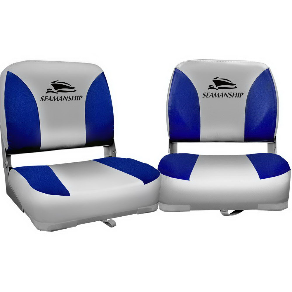 BS-86202-GB-40-00 Seamanship 2X Folding Boat Seats Marine Swivel Low Back 13cm Padding Grey Blue - Image 1