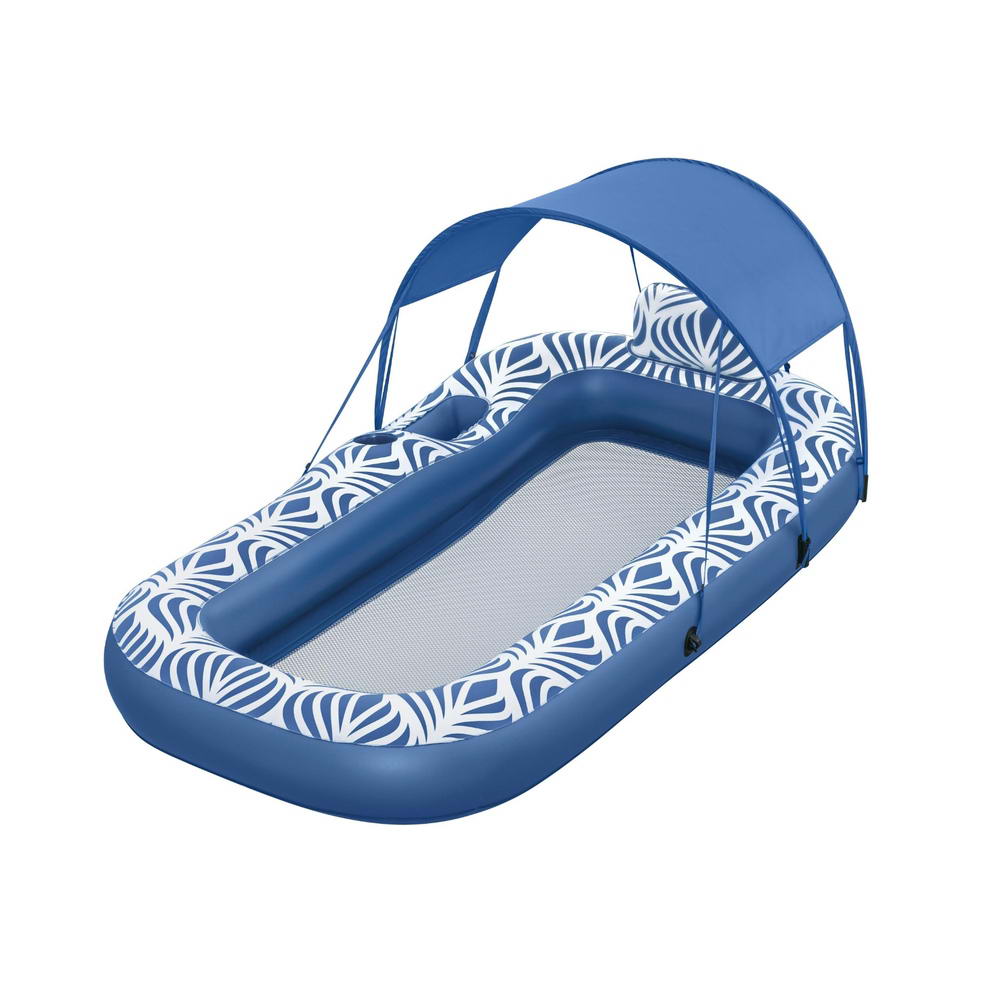 BW-FLOAT-43732-190330-00 Bestway Inflatable Floating Float Lounger with Sunshade Canopy 1.98Mx1.12M Blue - Image 1