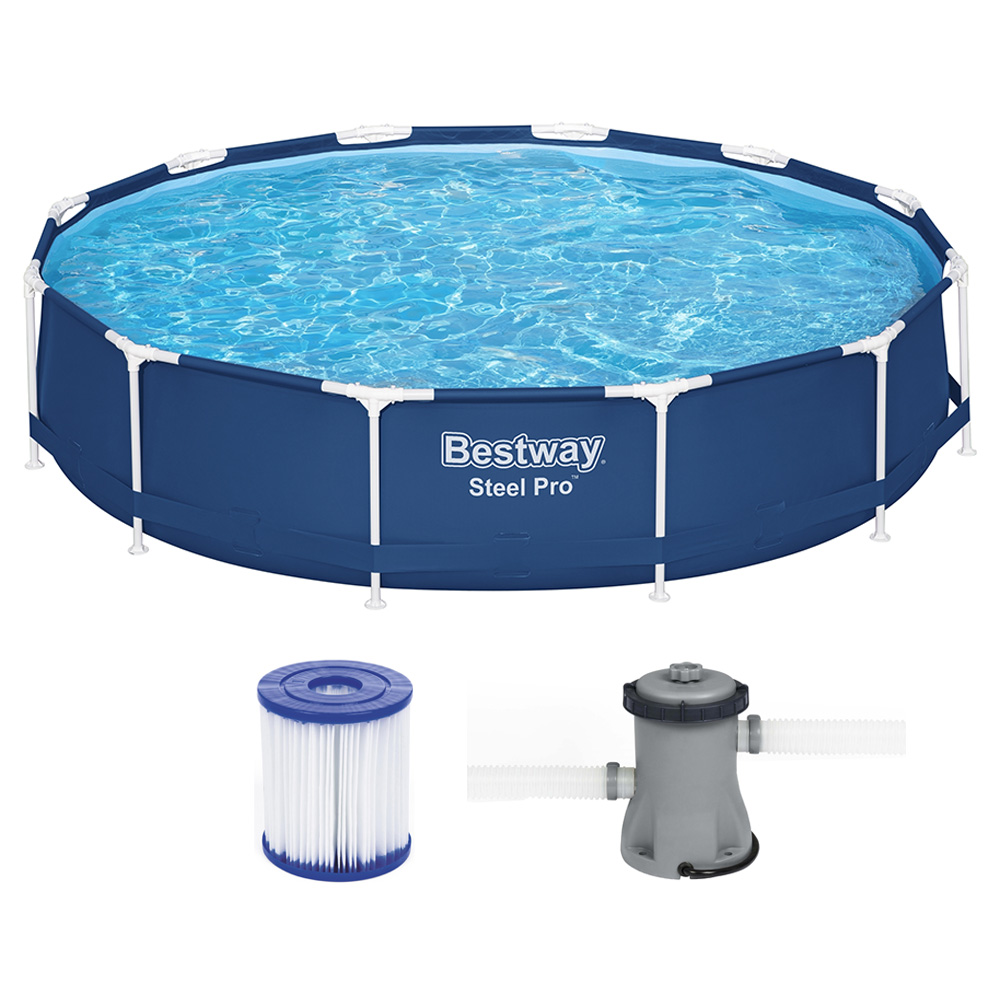 BW-POOL-366CM-56680-00 Bestway Swimming Pool 366x76cm Steel Frame Round Above Ground Pools w/ Filter Pump 6473L - Image 1