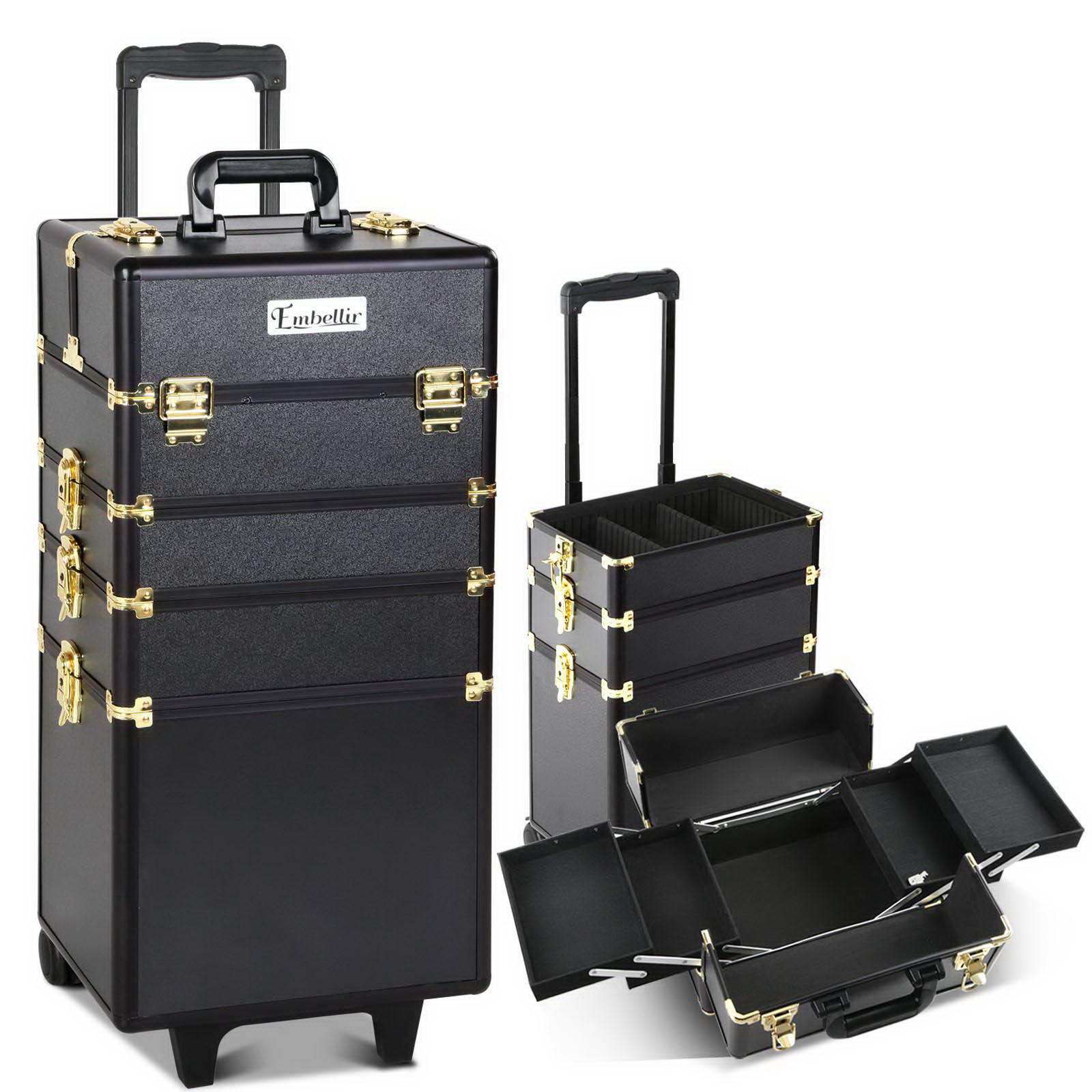 CASE-MU-4T-081-GDBK-00 Embellir Makeup Case Beauty Trolley Cosmetic Organiser Box Travel Wheels Gold - Image 1