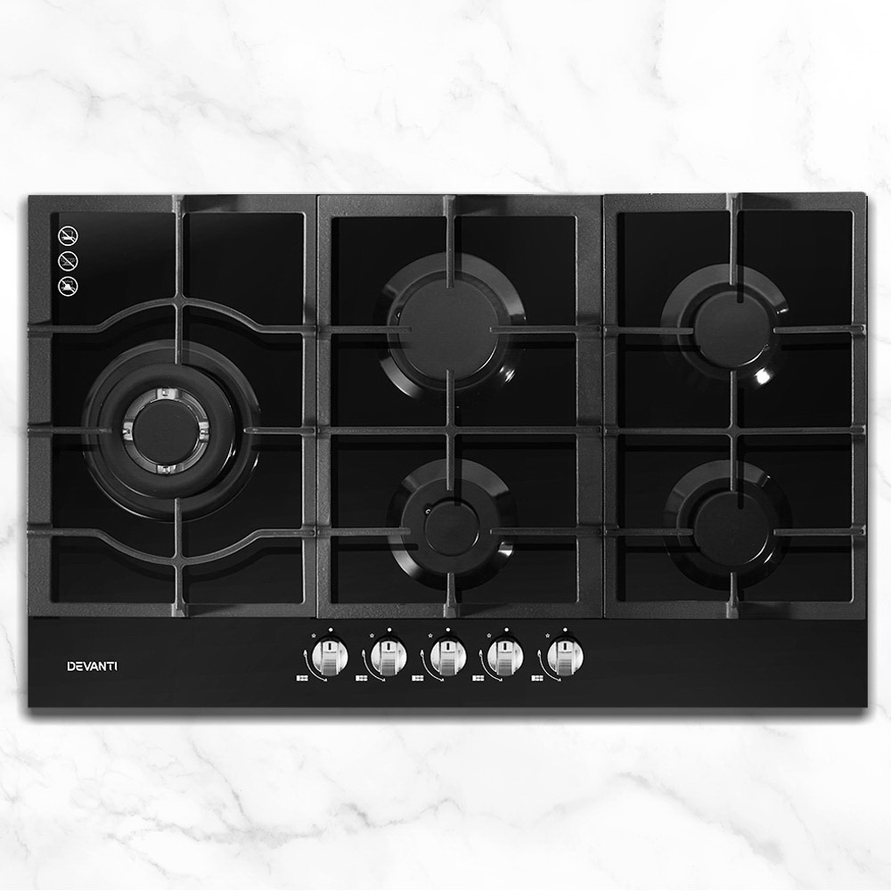 CT-GAS-5B-BK-18504-07 Devanti Gas Cooktop 90cm 5 Burner Black - Image 1