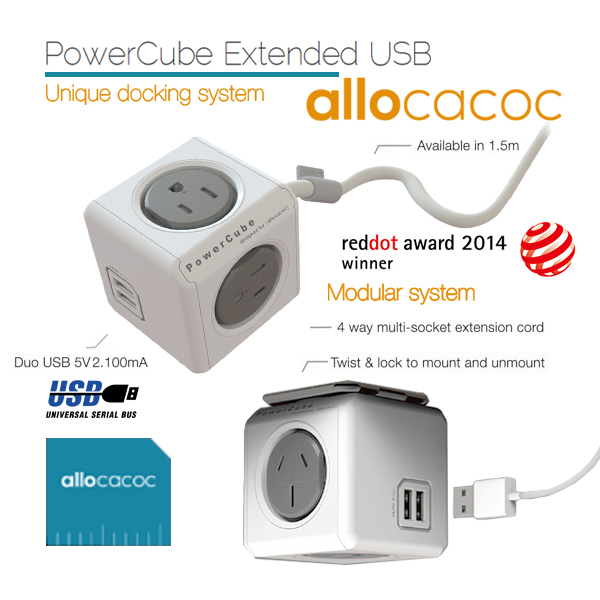 ELEAUS5400AUEUPC-1_13 Allocacoc PowerCube Extended USB Powerboard 4-Outlets 2 USB Ports Grey-White 1.5m - Image 1