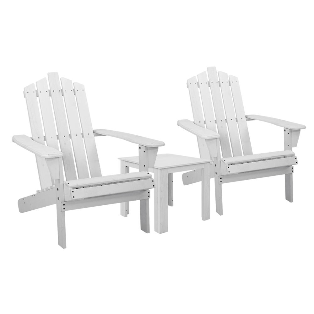 FF-BEACH-UF-CH-WH-3PC-00 Gardeon 3PC Adirondack Outdoor Table and Chairs Wooden Beach Chair White - Image 1