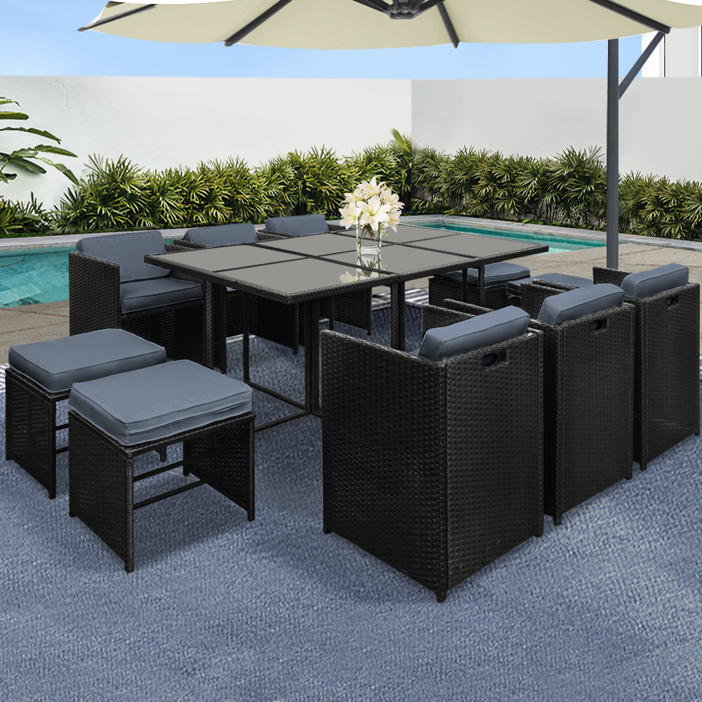 FF-DINING-11SET-BK-5309-07 Gardeon Outdoor Dining Set 11 Piece Wicker Table Chairs Setting Black - Image 1