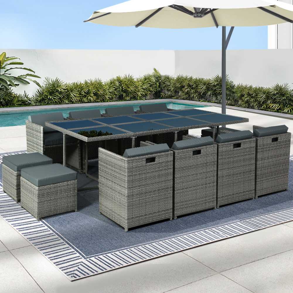 FF-DINING-13-GE-ABCDE-53573-07 Gardeon Outdoor Dining Set 13 Piece Wicker Table Chairs Setting Grey - Image 1