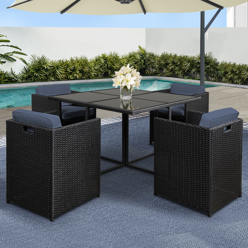 FF-DINING-5SET-BK-5311-07 Gardeon Outdoor Dining Set 5 Piece Wicker Table Chairs Setting Black - Image 1