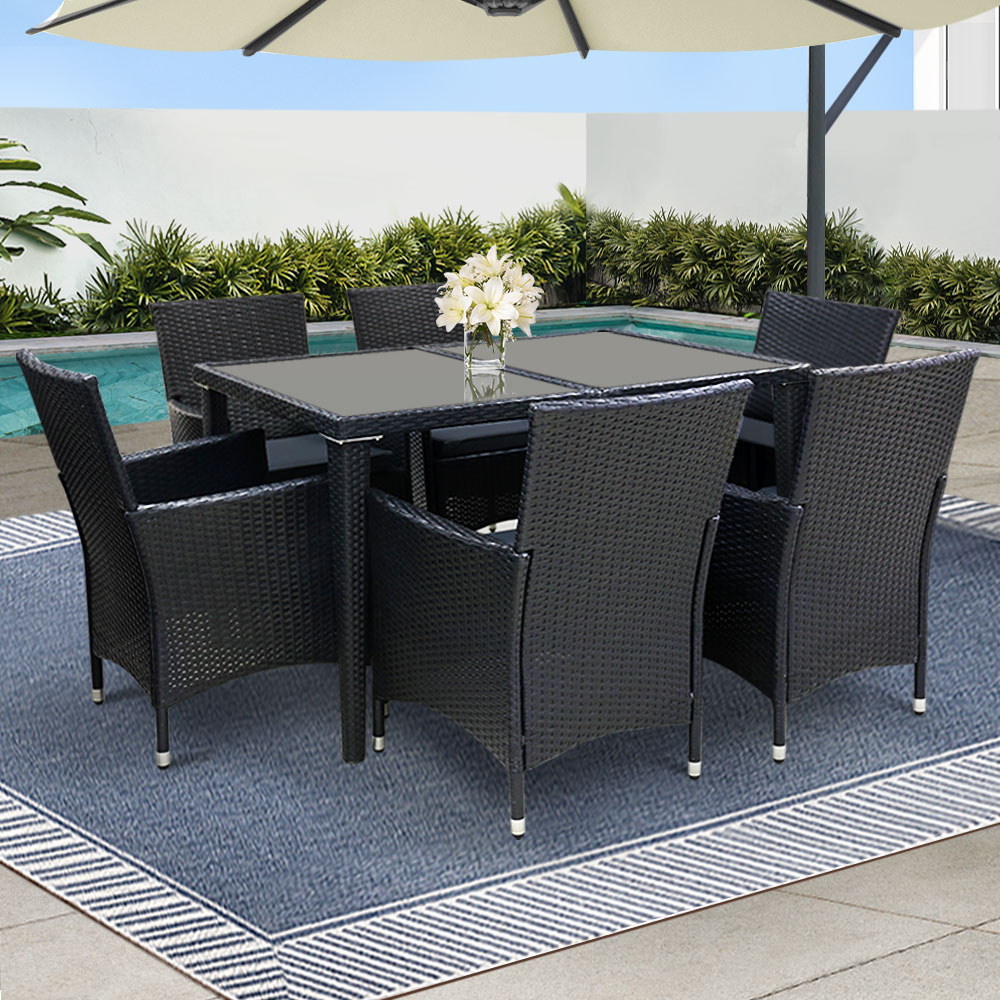 FF-DINING-7CLS-BK-ABC-202502281618-00 Gardeon Outdoor Dining Set 7 Piece Wicker Lounge Setting Black - Image 1
