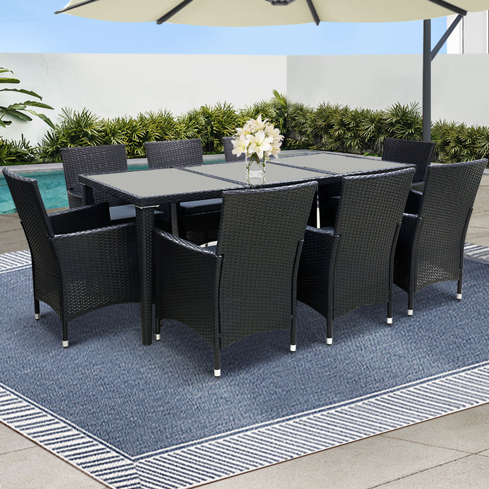 FF-DINING-9CLS-BK-ABCD-202502281620-00 Gardeon Outdoor Dining Set 9 Piece Wicker Lounge Setting Black - Image 1