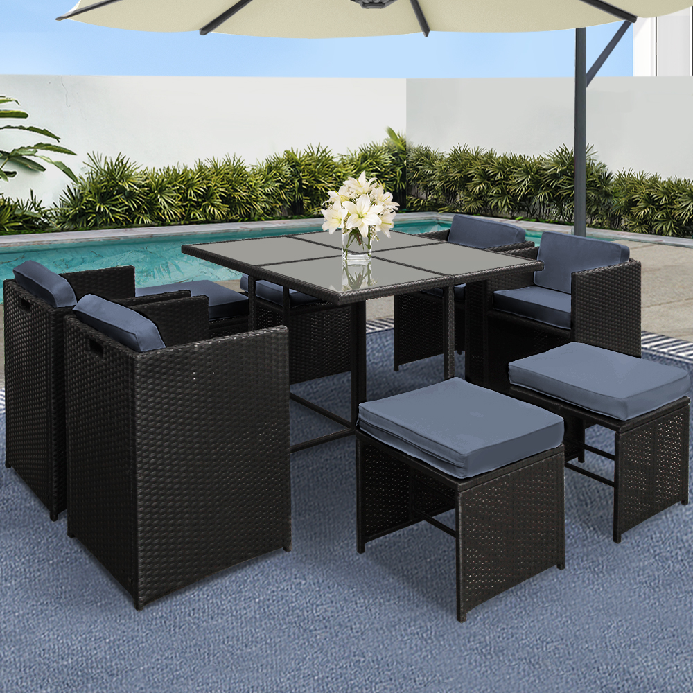 FF-DINING-9SET-BK-5312-07 Gardeon Outdoor Dining Set 9 Piece Wicker Table Chairs Setting Black - Image 1