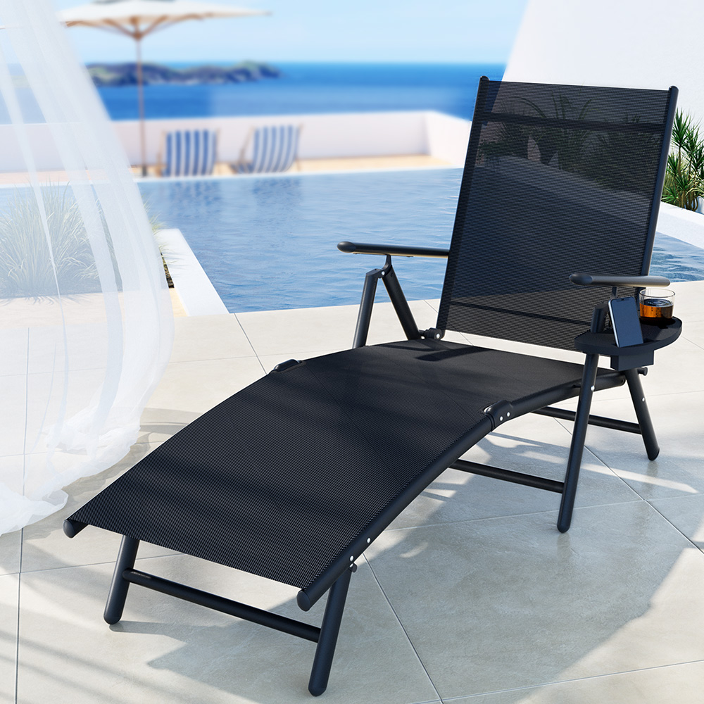 FF-LOUNGE-ALU-FOLD-BK-91766-04 Gardeon Sun Lounge Outdoor Lounger Aluminium Folding Beach Chair Camping Patio - Image 1