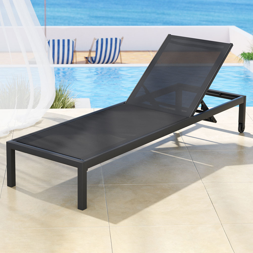 FF-LOUNGE-ALU-WHEEL-BK-186228-06 Gardeon Sun Lounge Outdoor Lounger Aluminium Folding Beach Chair Wheels Black - Image 1
