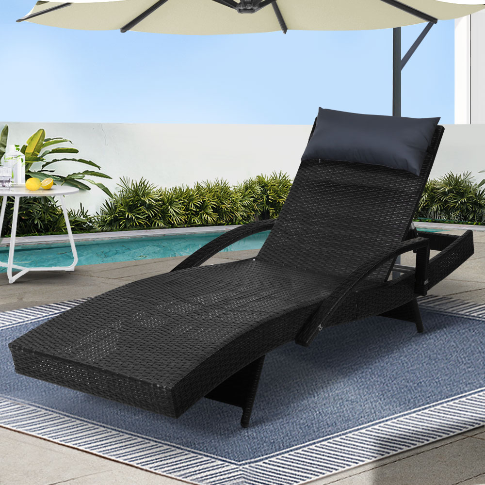 FF-LOUNGE-ARM-P-BK-202502281638-00 Gardeon Sun Lounge Wicker Lounger Outdoor Furniture Beach Chair Armrest Adjustable Black - Image 1