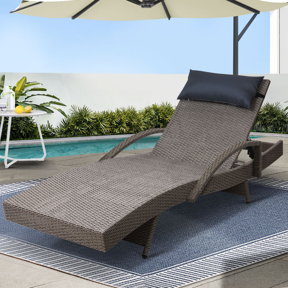FF-LOUNGE-ARM-P-GE-16178-07 Gardeon Sun Lounge Wicker Lounger Outdoor Furniture Beach Armchair Adjustable Grey&Beige - Image 1