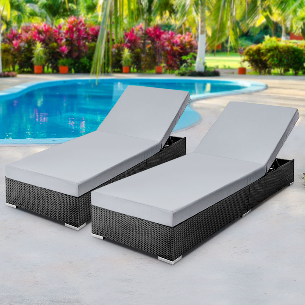 FF-LOUNGE-BK-2PC-24592-06 Gardeon 2PC Sun Lounge Wicker Lounger Outdoor Furniture Day Bed Adjustable Rattan Garden - Image 1