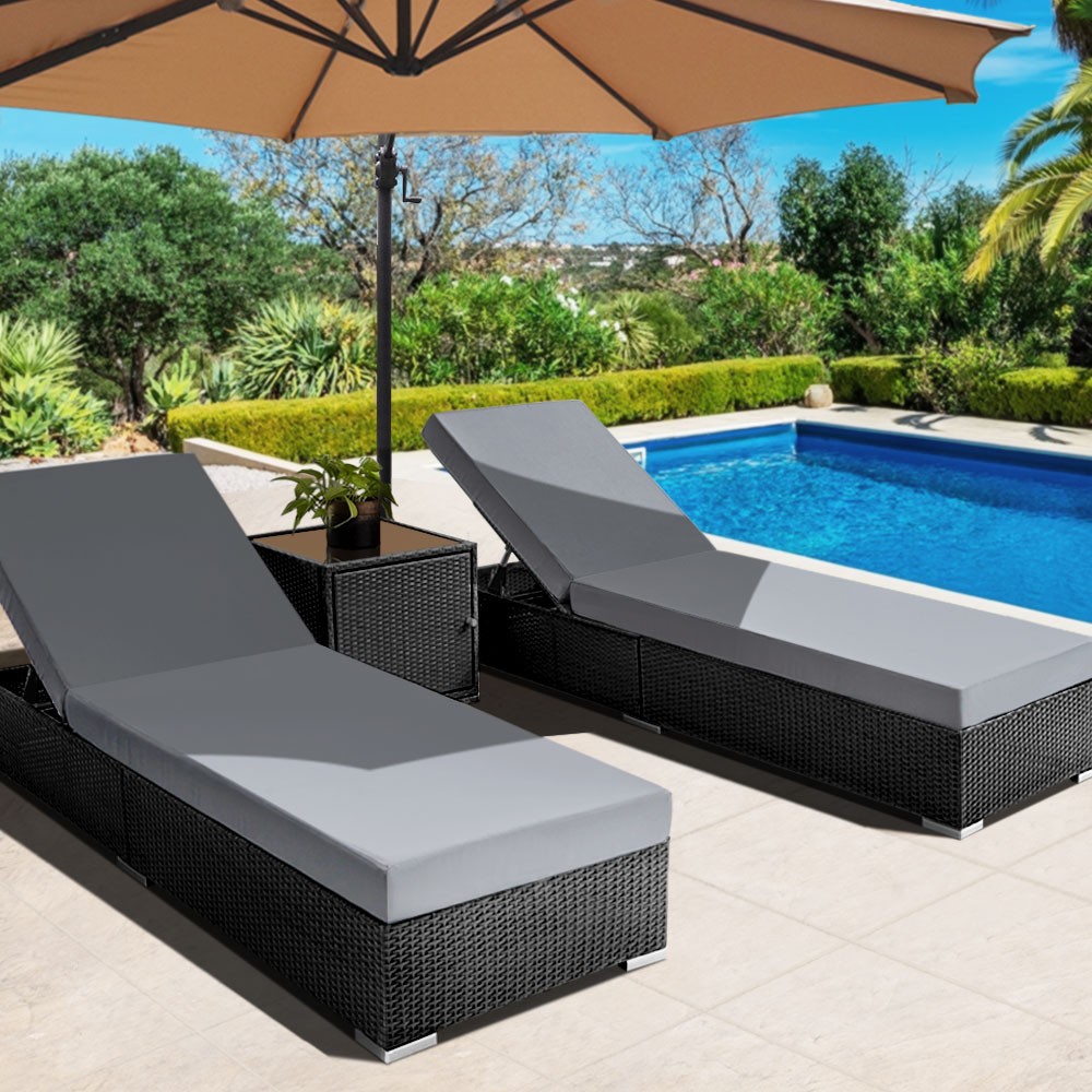 FF-LOUNGE-BK-AB-3831-07 Gardeon 3PC Sun Lounge Wicker Lounger Outdoor Furniture Day Bed Rattan Garden - Image 1