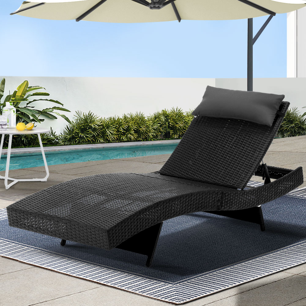 FF-LOUNGE-WA-BK-202502281640-00 Gardeon Sun Lounge Wicker Lounger Outdoor Furniture Beach Chair Garden Adjustable Black - Image 1