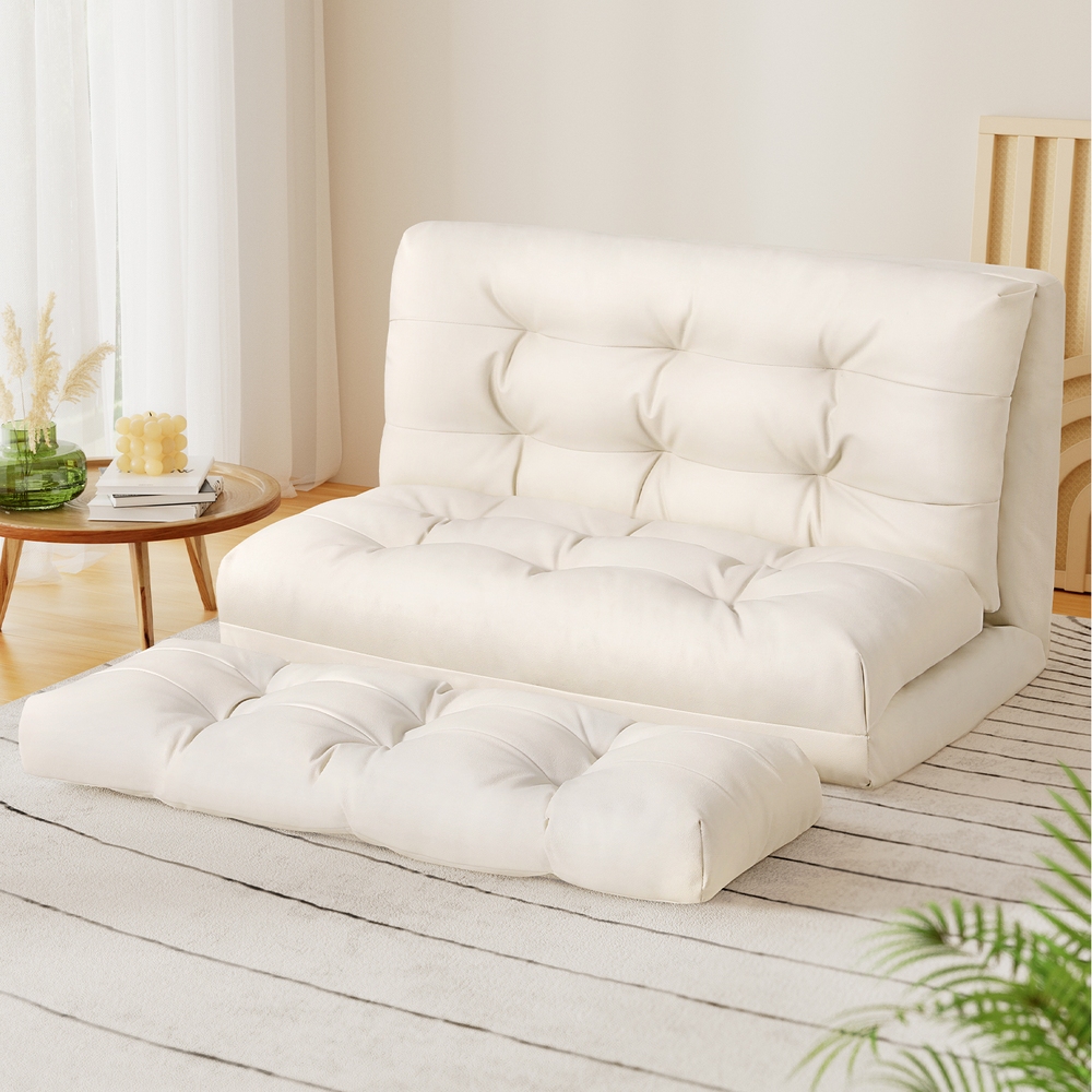 FLOOR-SBL-02PU-BG-189490-06 Artiss Floor Lounge Sofa Bed 2 Seater Pillow Leather White - Image 1