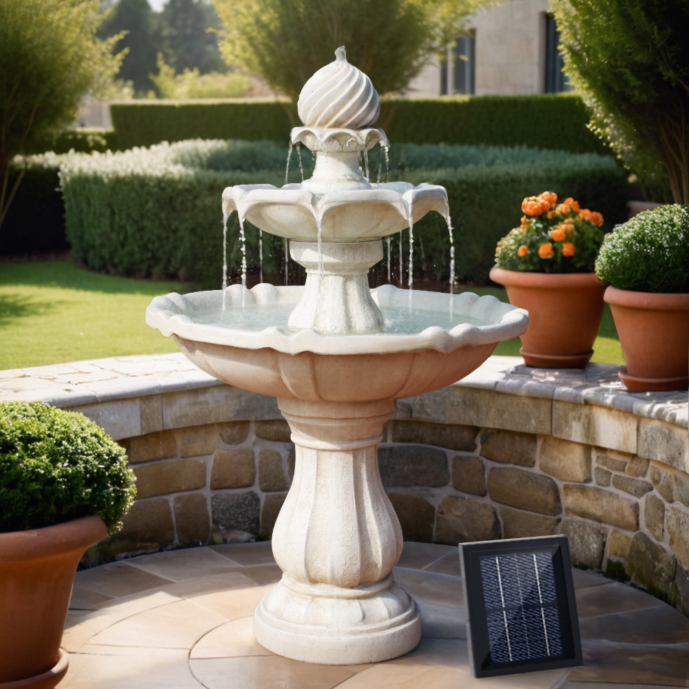 FOUNT-3LVL-IVORY-3961-07 Gardeon Solar Water Feature 3-Tier Fountain with Pump Kit Bird Bath 93CM Ivory - Image 1
