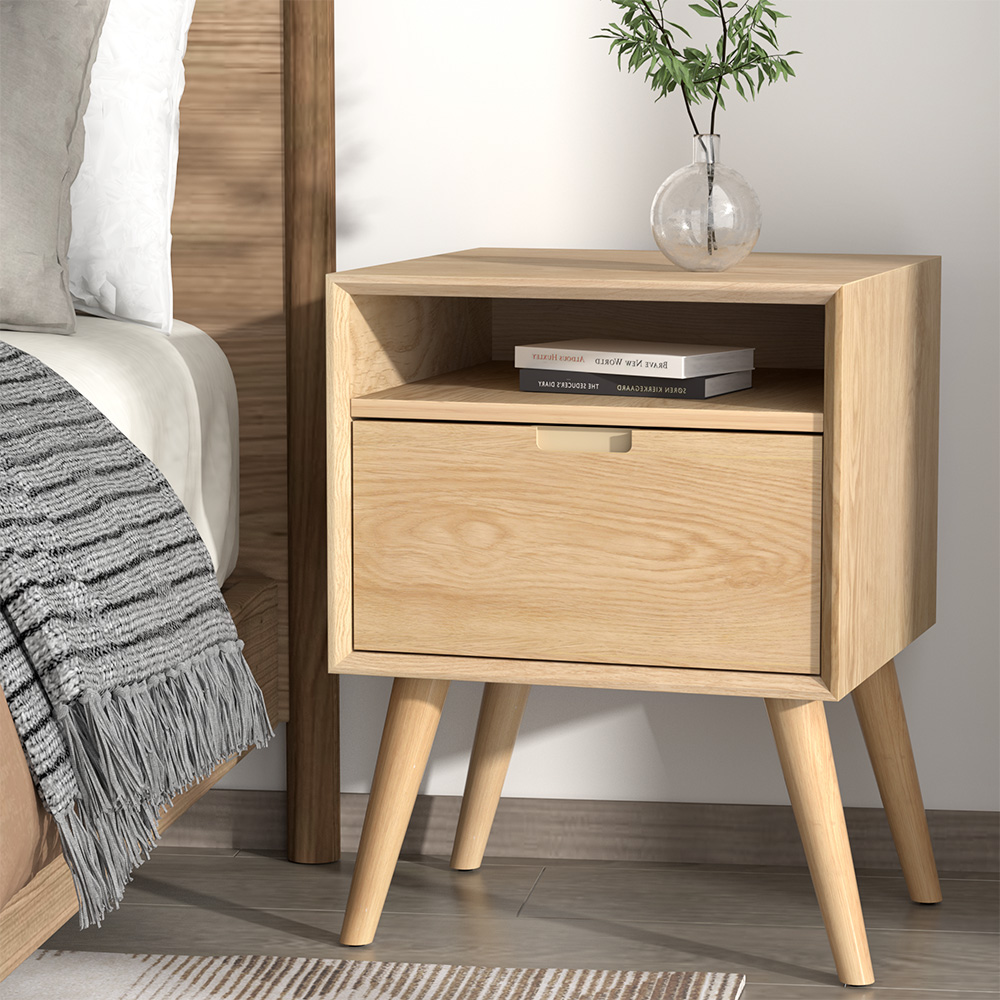 FUR-T-BS01-1D1S-WD-97969-06 Artiss Bedside Table Drawers Side Table Shelf Storage Cabinet Nightstand GORR - Image 1