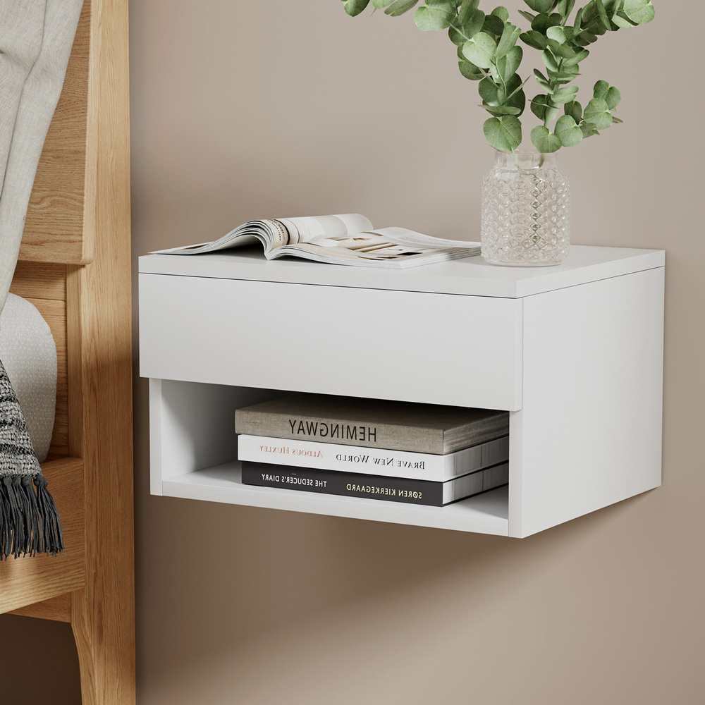 FUR-W-BS-FLO-01-WH-191853-04 Artiss Floating Bedside Table Nightstand Drawer White - Image 1
