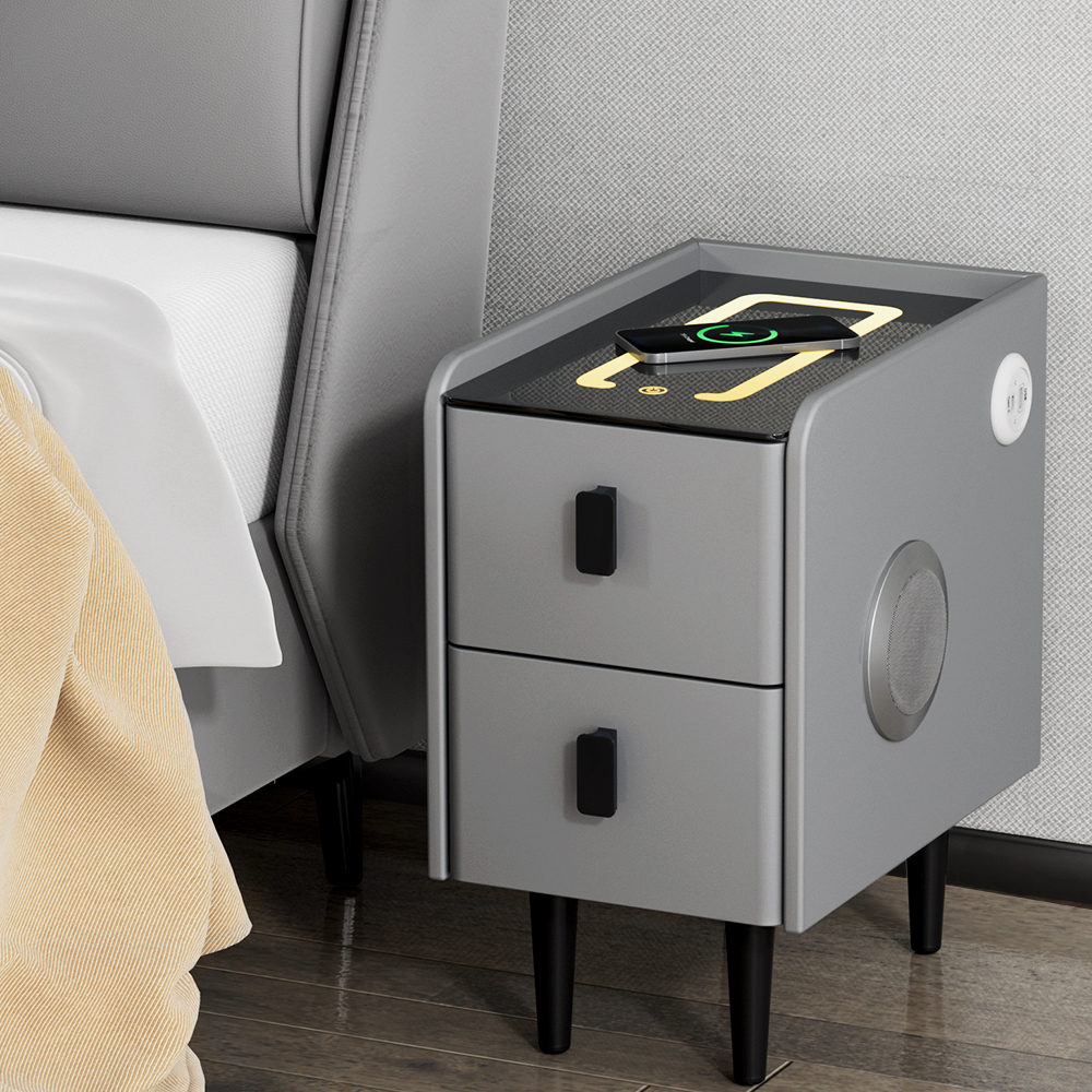 FUR-X-BS-LED-02-GY-139204-06 Artiss Smart Bedside Table 2 Drawers with Wireless Charging Ports LED Grey AIDA - Image 1