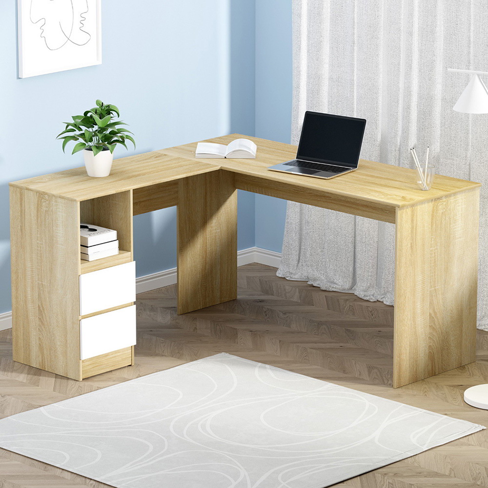 FURNI-B-DESK-L-002-WD-AB-53999-06 Artiss Computer Desk Drawer Cabinet L-Shape Oak 136CM - Image 1