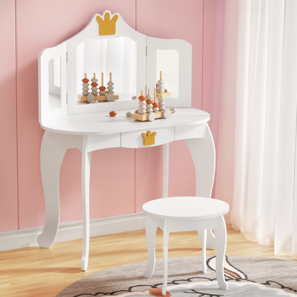 FURNI-C-3MIRROR-CROWN-WH-190843-04 Keezi Kids Dressing Table Vanity Makeup Chair Set Wooden 3 Mirror Drawer White - Image 1