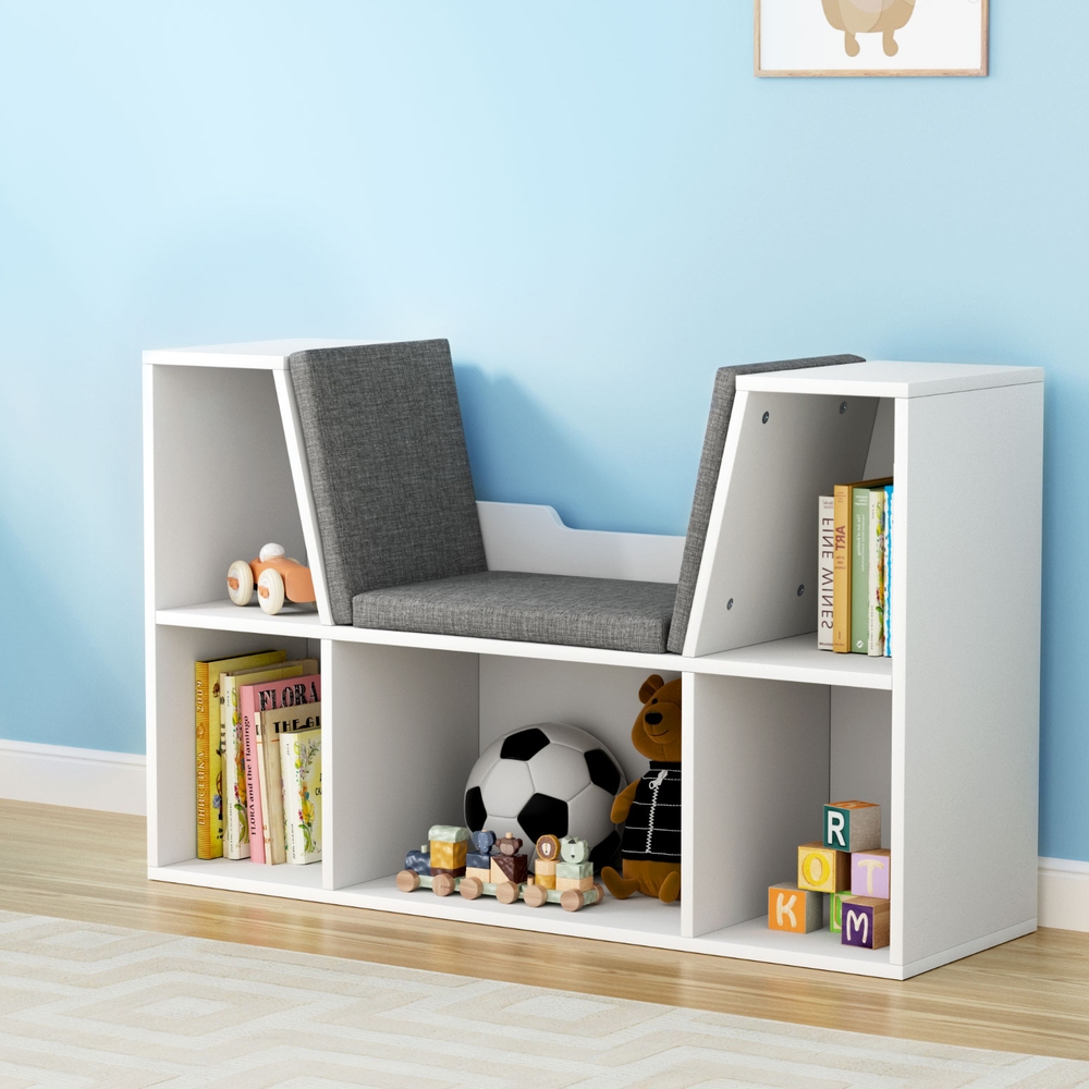 FURNI-C-BOOK-5COMP-WH-215100-06 Keezi Kids Bookshelf Bookcase Toys Box Shelves Storage Cabinet Container Children Organiser - Image 1