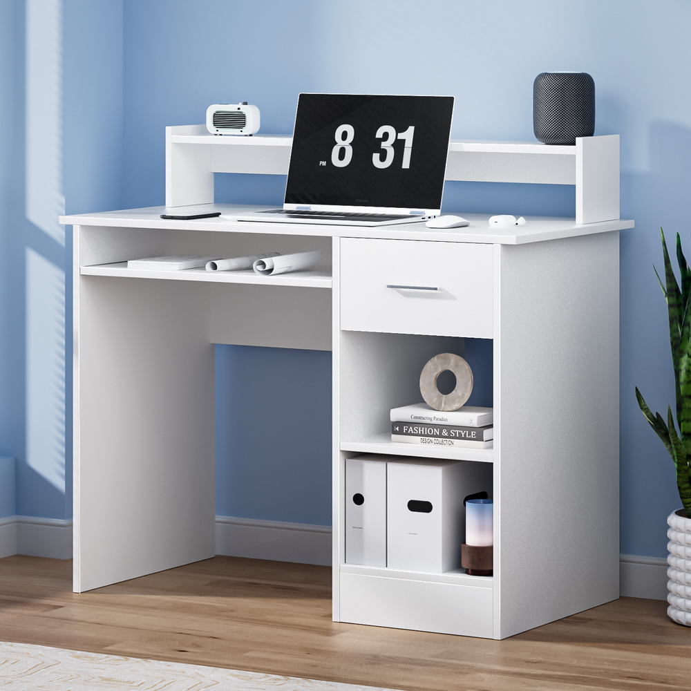 FURNI-C-DESK-JUNI-WH-AB-11835-07 Artiss Computer Desk Shelf Drawer Cabinet White 100CM - Image 1