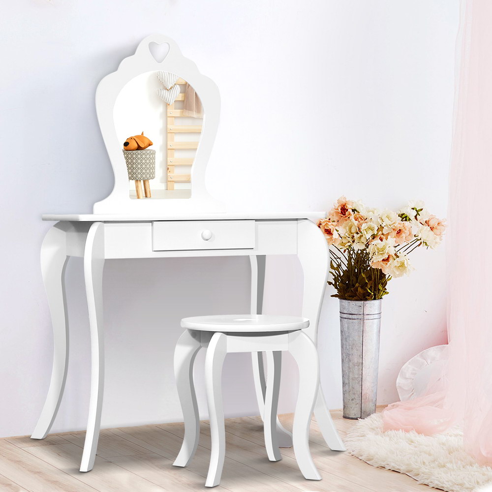 FURNI-G-054-KDT-WH-17232-08 Keezi Kids Dressing Table Stool Set Vanity Mirror Princess Children Makeup White - Image 1