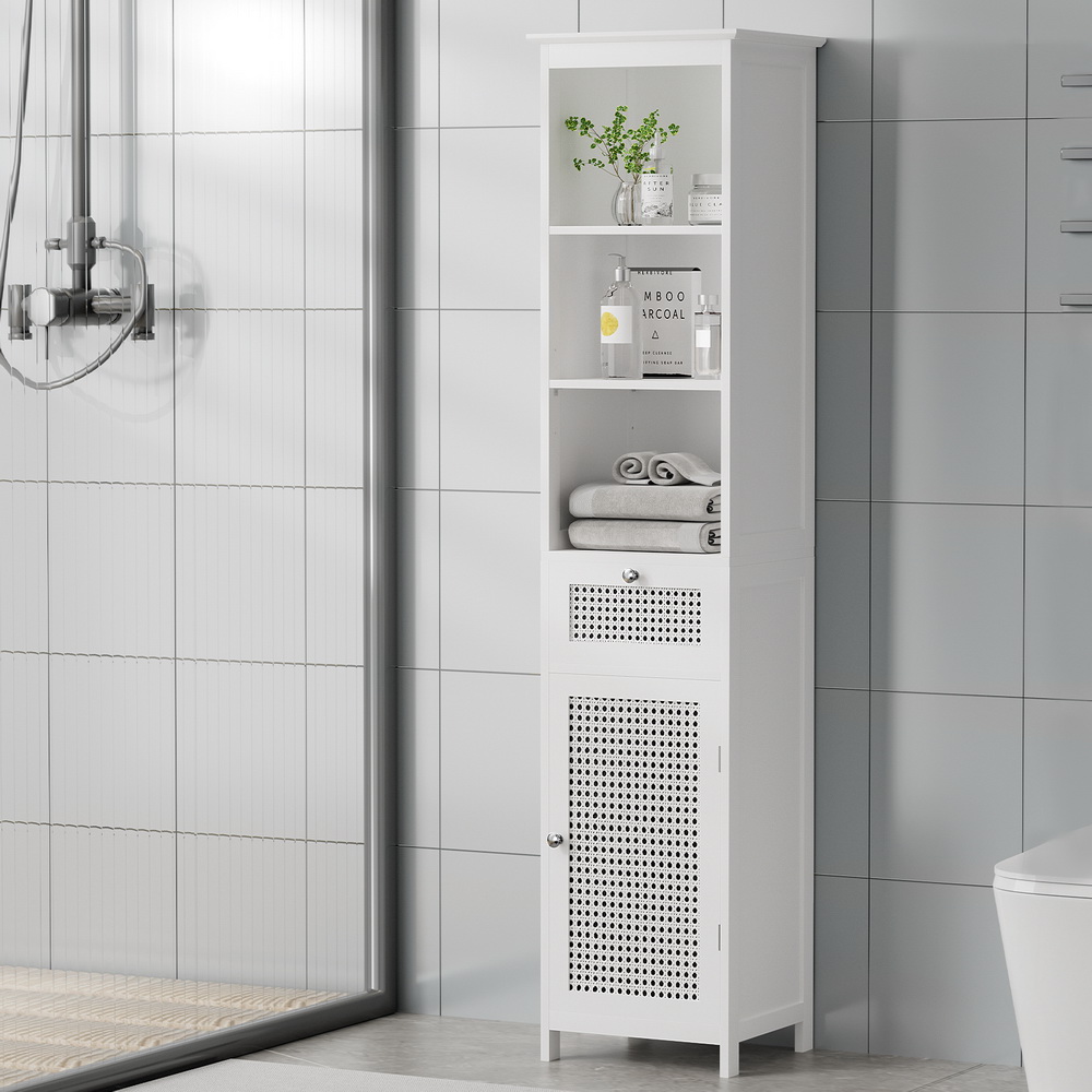 FURNI-G-BATH-RAT-01-WH-139374-05 Artiss Bathroom Cabinet Storage 161cm White Rattan Tallboy Toilet Cupboard - Image 1