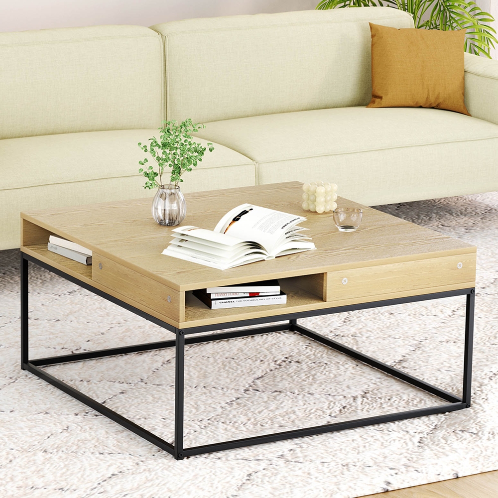 FURNI-G-COF-01-WDBK-174916-06 Artiss Coffee Table Storage Shelf Metal Frame - Image 1