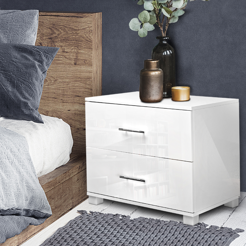 FURNI-GLOSS-SIDE-WH-202502281232-00 Artiss Bedside Table 2 Drawers High Gloss - White - Image 1