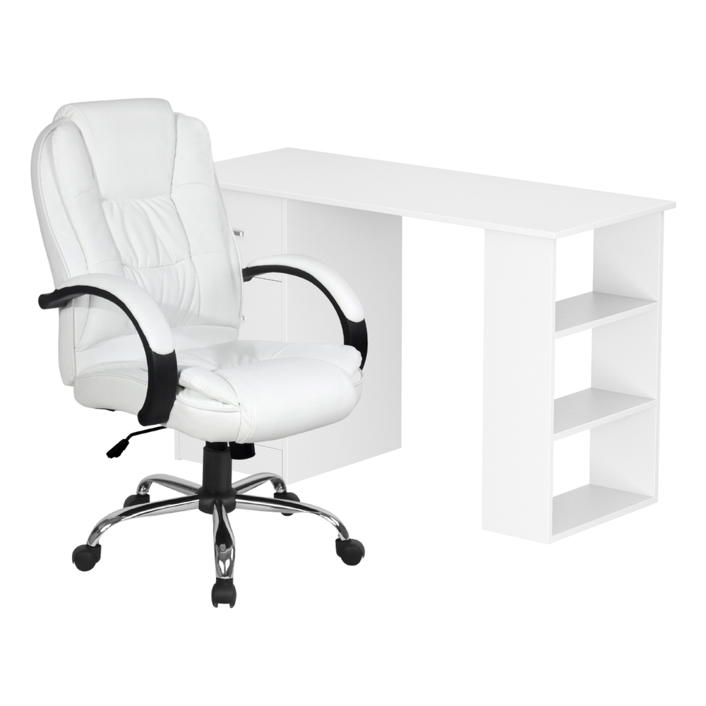 FURNI-O-DESK-CHAIR-9127-WH-202504041346-00 Artiss Computer Desk 120cm Executive Office Chair Set PU Leather High Back White - Image 1