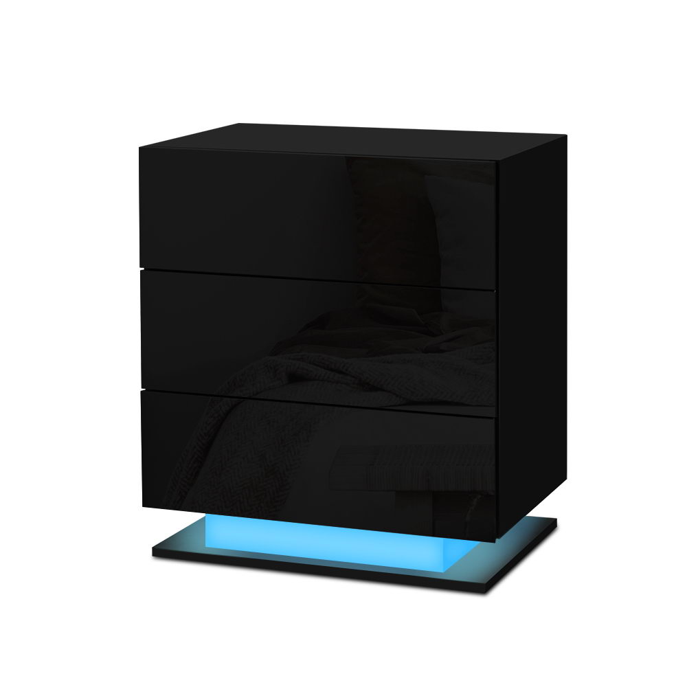 FURNI-O-LED-BS-02-BK-202502281234-07 Artiss Bedside Table LED 3 Drawers - MORI Black - Image 1