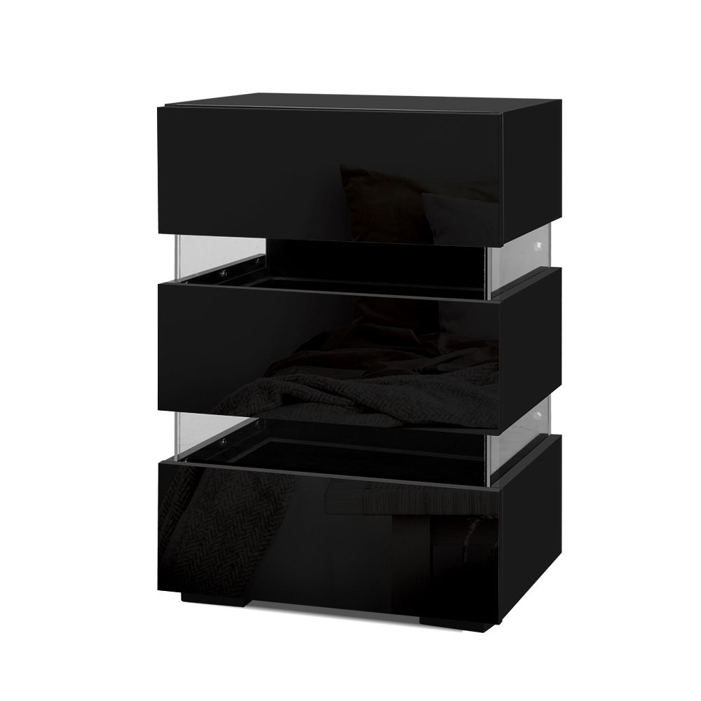 FURNI-O-LED-BS-03-BK-202502281234-07 Artiss Bedside Table LED 3 Drawers - LUMI Black - Image 1