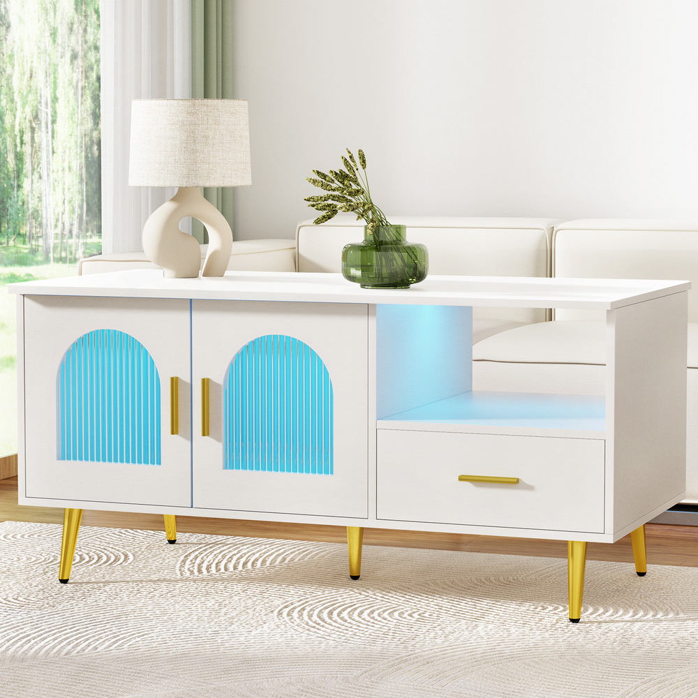 FURNI-Q-COF-LED-02-WH-AB-186675-07 Artiss LED Coffee Table Shelf Drawer Storage White - Image 1