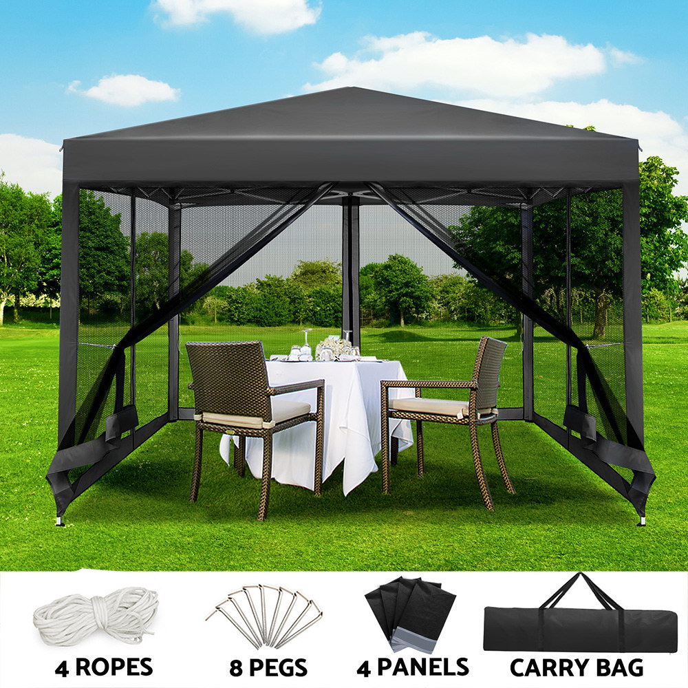 GAZEBO-POP-M-FG-3X3-GR-70621-06 Instahut Gazebo Pop Up Marquee 3x3m Wedding Party Outdoor Camping Tent Canopy Shade Mesh Wall Grey - Image 1
