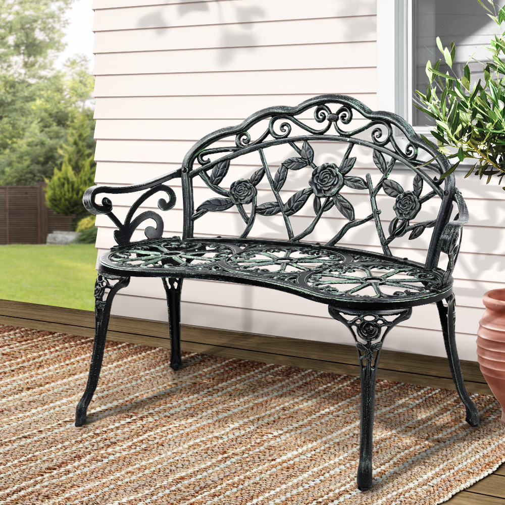 GB-CALU-XG1002-GN-202502281608-00 Gardeon Outdoor Garden Bench Seat 100cm Cast Aluminium Patio Chair Vintage Green - Image 1