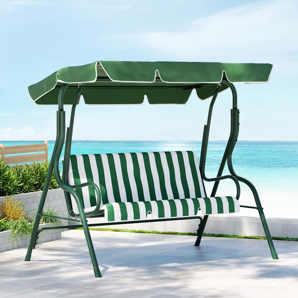 GSC-BST-3S-GNWH-189909-06 Gardeon Outdoor Swing Chair Garden Bench Furniture Canopy 3 Seater White Green - Image 1