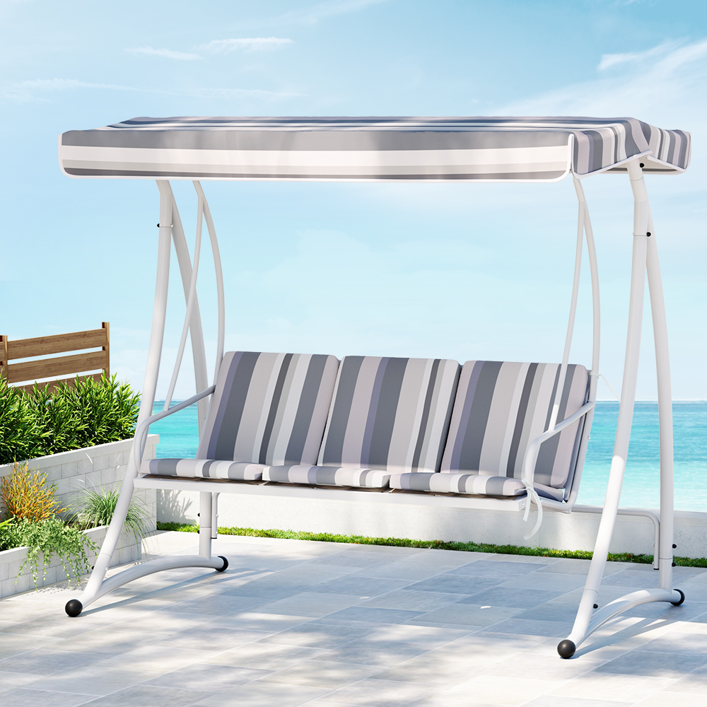 GSC-BST-3S-WHGR-90968-05 Gardeon Outdoor Swing Chair Garden Bench Furniture Canopy 3 Seater White Grey - Image 1