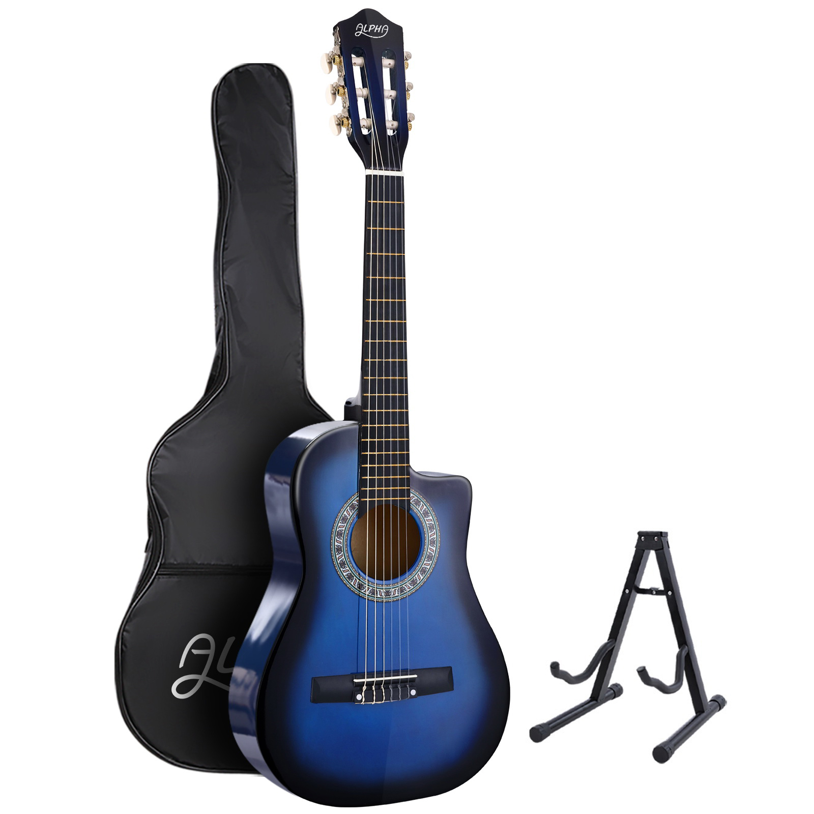 GUITAR-D-34-BLUE-CAPO-20597-00 Alpha 34 Inch Classical Guitar Wooden Body Nylon String w/ Stand Beignner Blue - Image 1