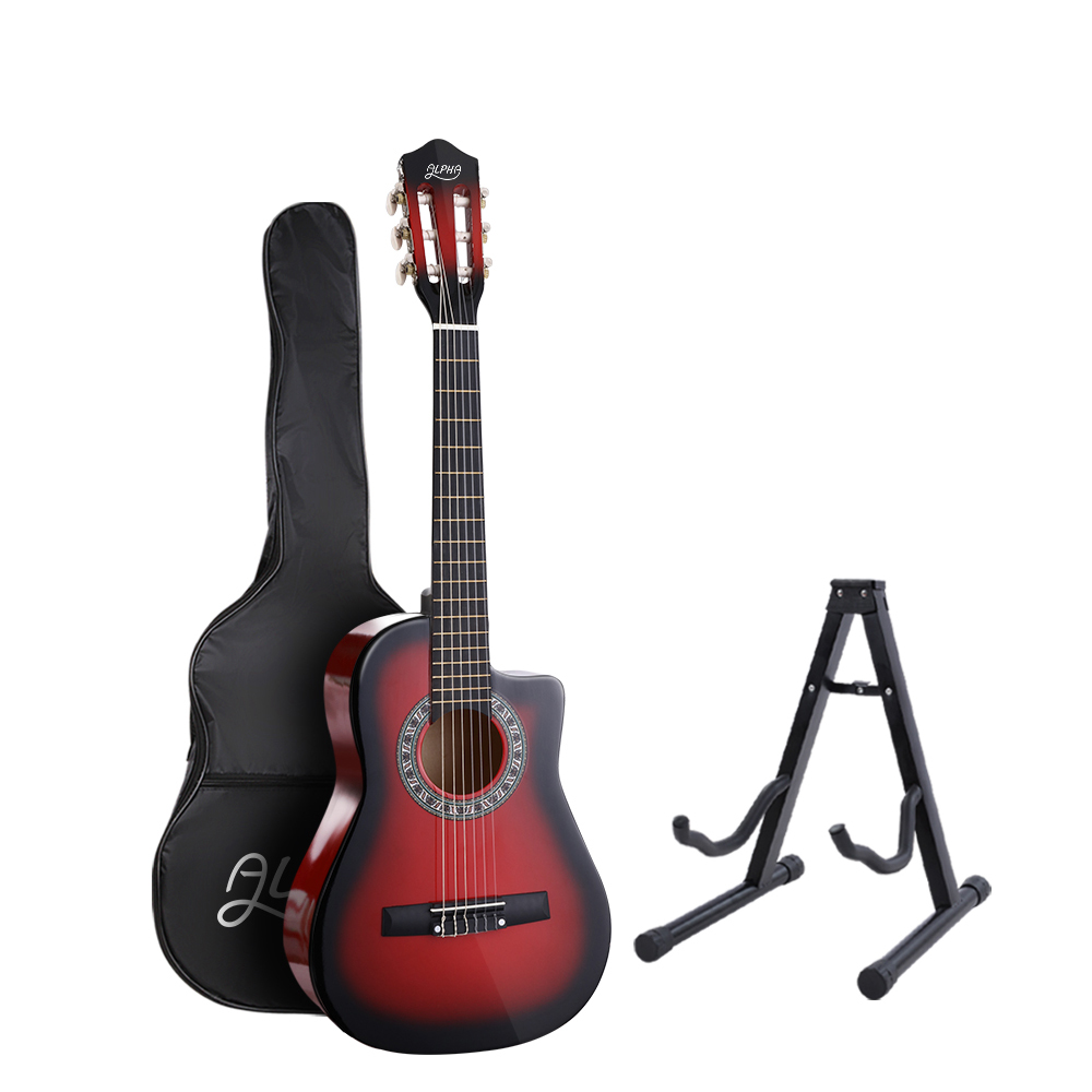 GUITAR-D-34-RED-CAPO-20596-00 Alpha 34 Inch Classical Guitar Wooden Body Nylon String w/ Stand Beignner Red - Image 1