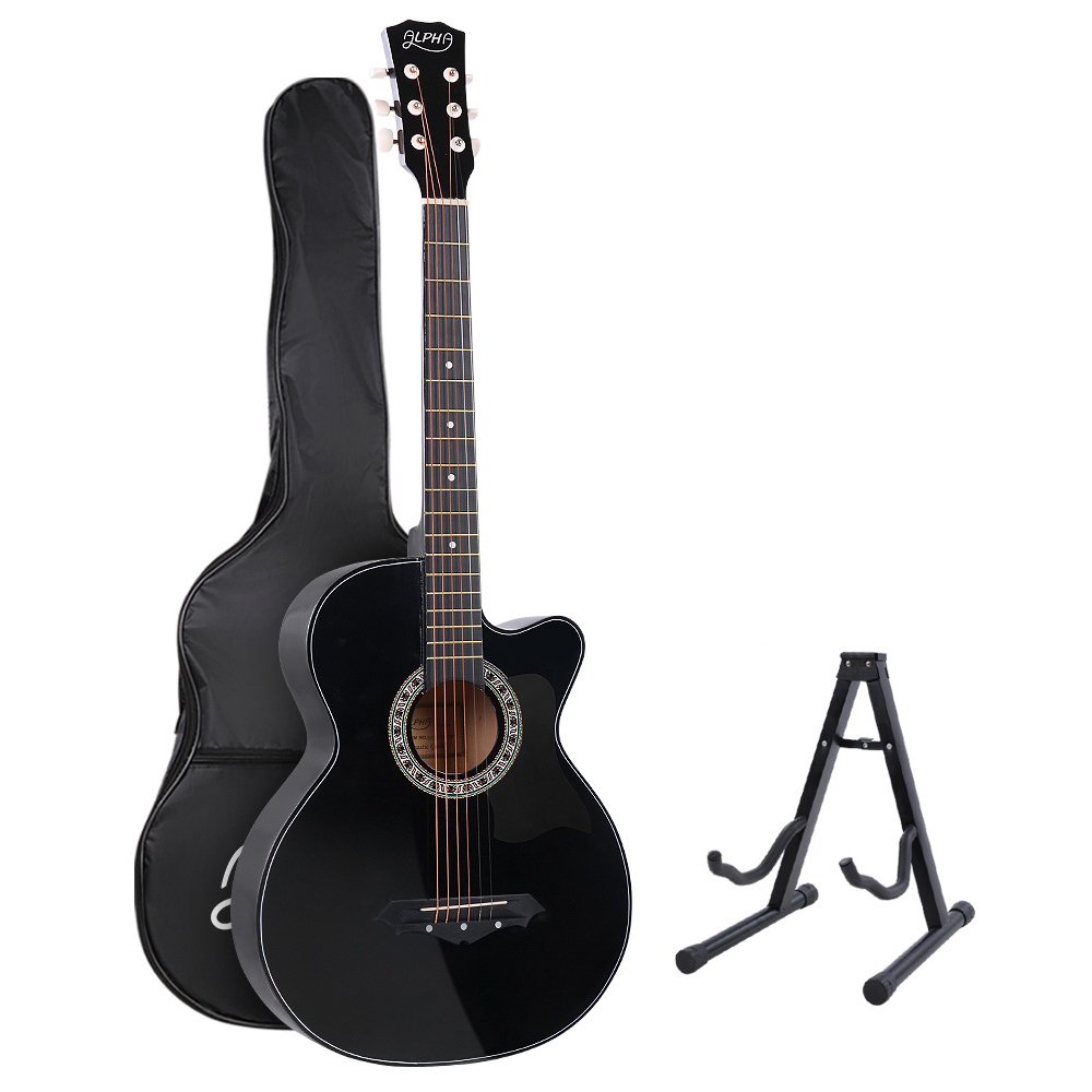 GUITAR-D-38-BK-CAPO-17073-00 Alpha 38 Inch Acoustic Guitar Wooden Body Steel String Full Size w/ Stand Black - Image 1