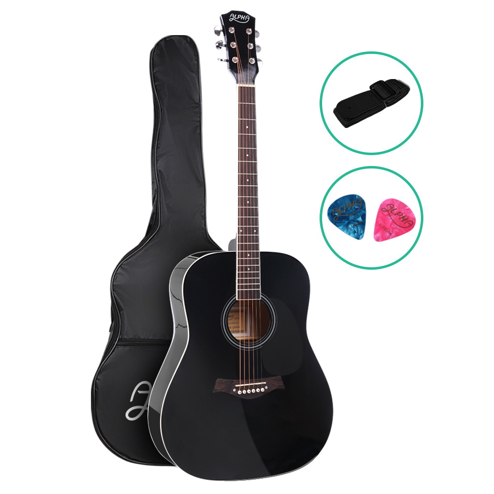 GUITAR-D-41-BK-00 Alpha 41 Inch Acoustic Guitar Wooden Body Steel String Dreadnought Black - Image 1