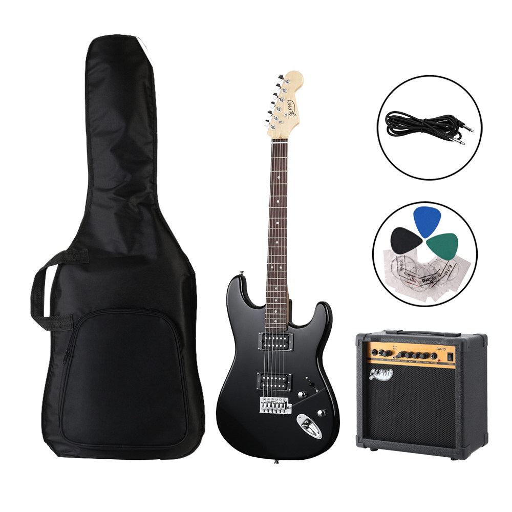 GUITAR-E-41-ELEC-BK-ACC-202265-00 Alpha Electric Guitar Music String Instrument 20W Amplifier Black - Image 1