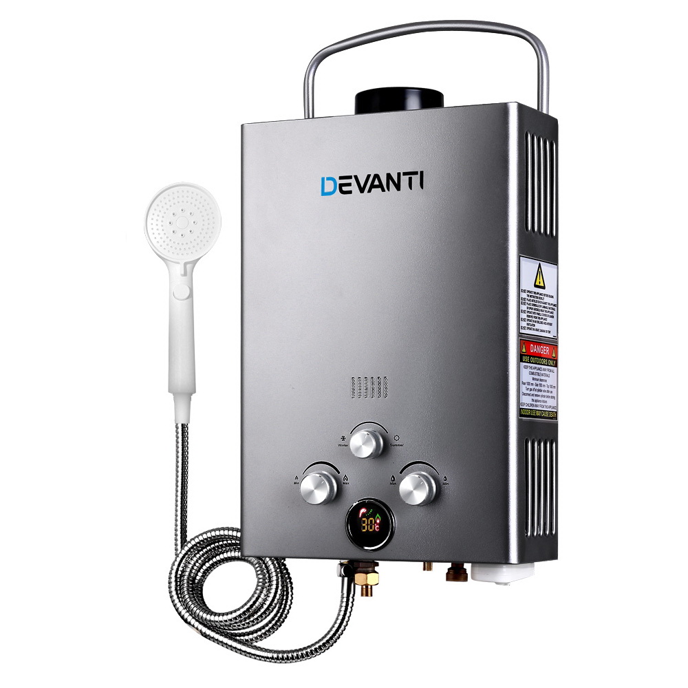 GWH-LPG-8L-SW-BG-DI-00 Devanti Portable Gas Water Heater 8L/Min LPG System Grey - Image 1